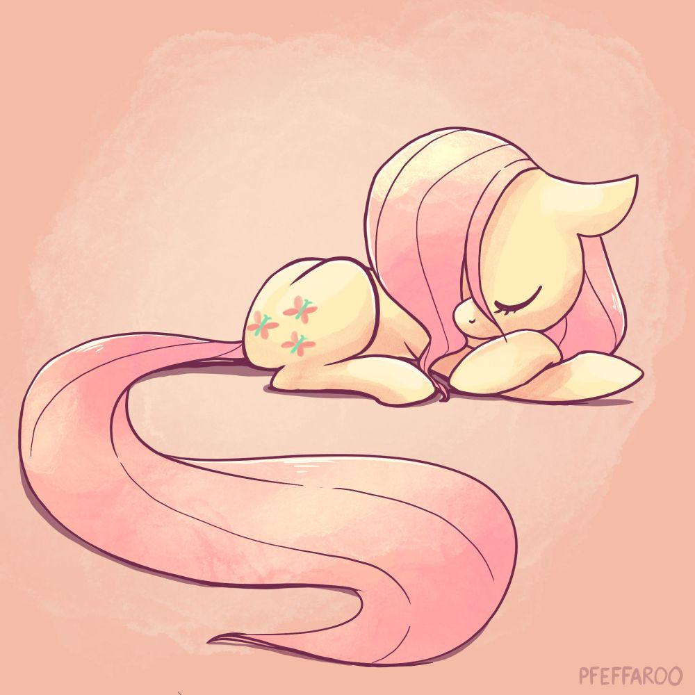 Fluttershy at rest, curled up somewhat like a cat. Her eyes are closed, her front legs are crossed, supporting her head, and her mane is draped over most of her face. Her tail is curved in a soft S-shape. 