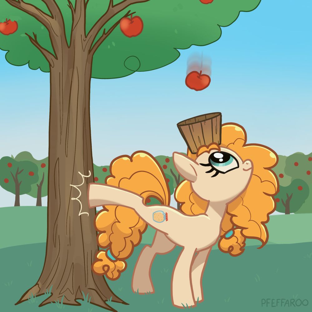 Pear Butter from My Little Pony in the orchard at Sweet Apple Acres. She kicks an apple tree with her hind leg, causing a single red apple to fall down into the basket balanced on her head. She is looking up and smiling. 