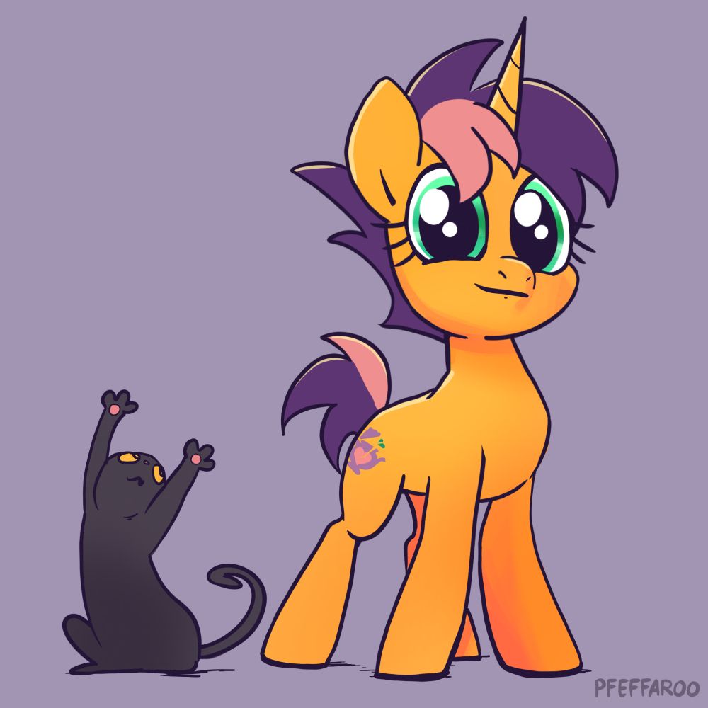 Kettle Chip, a unicorn pony with orange fur and a short purple mane and tail with salmon pink accents, stands smiling with her chest puffed out. Her cutie mark is a purple and pink teapot with a small crack on the side, an open lid and two drops of green tea splashing out. A small black cat is at her side, doing jazz hands. 