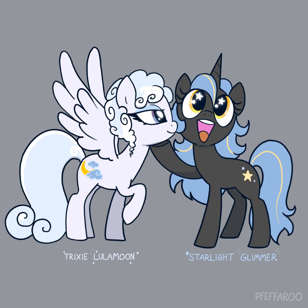 A pegasus pony with white fur and curly white mane and tail and a cloudy moon cutie mark named Trixie Lulamoon and a unicorn with dark grey fur and light blue mane and tail and a cutie mark of twinkling stars named Starlight Glimmer. Starlight is scooping Trixie's chin and gazing out with a big open mouth smile and stars in her eyes. Trixie smiles placidly. 