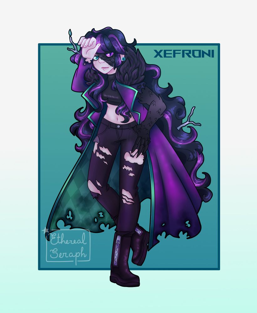 The image is a tired, pale girl. She has knee-length black hair with purple and pink streaks. One eye is green while the other is purple. Half of her face and one of her arms has black scales. She is wearing black ripped jeans, leather boots and a short tank top, with a green-trimmed purple coat over it. The coat is torn and burnt at the bottom, and the underside has a green diamond pattern. The coat also has black fur lining the neck. The character stands in front of a green gradient rectangle background.