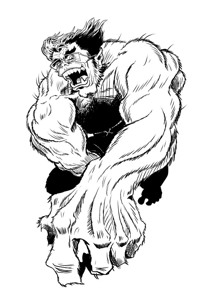 Ink sketch of Hank McCoy The Beast from Xmen, in the 90s design running on all fours at viewer in dynamic pose, he's smiling wide and wearing glasses 