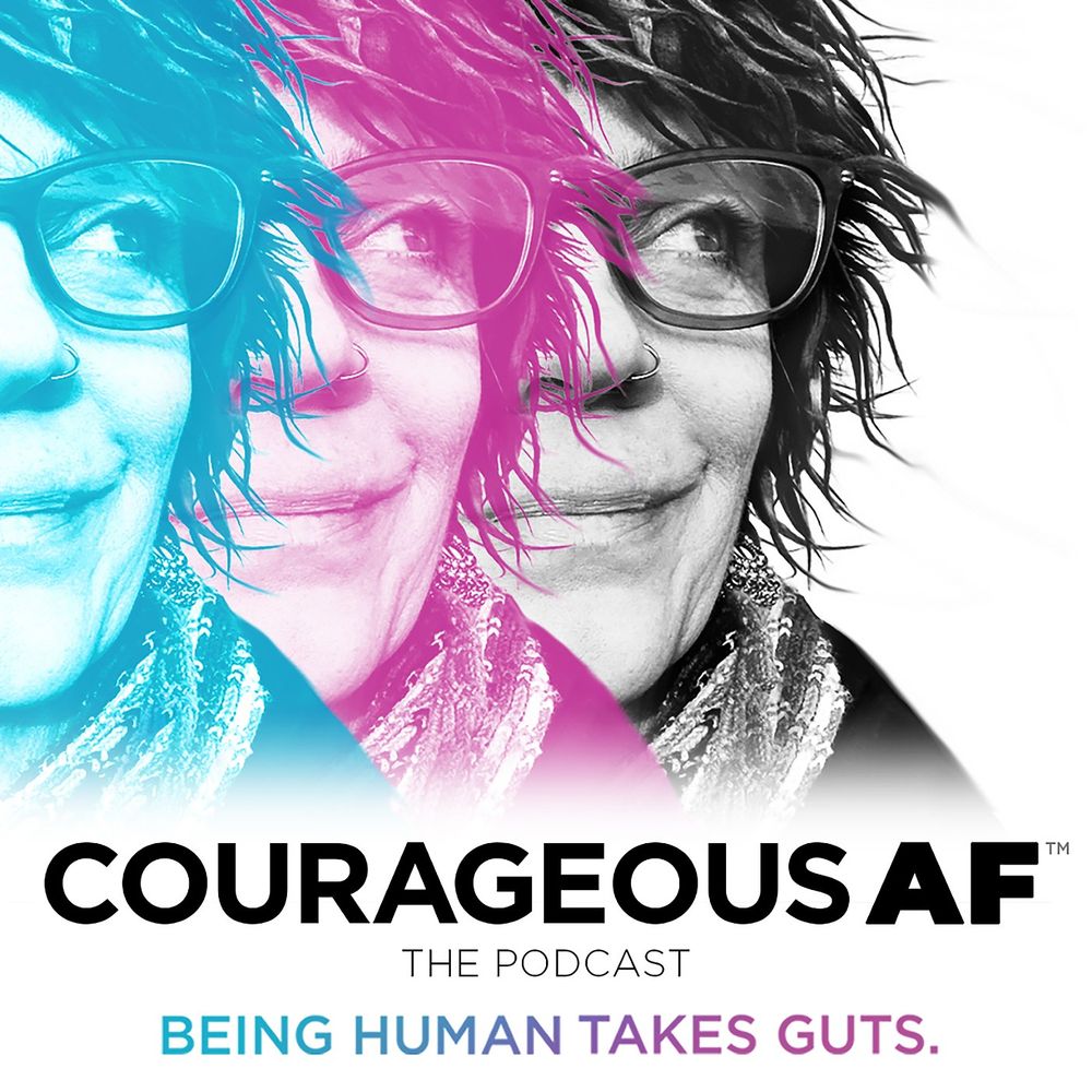 Courageous AF podcast with three images of a woman in glasses, looking off to her left, smiling.
