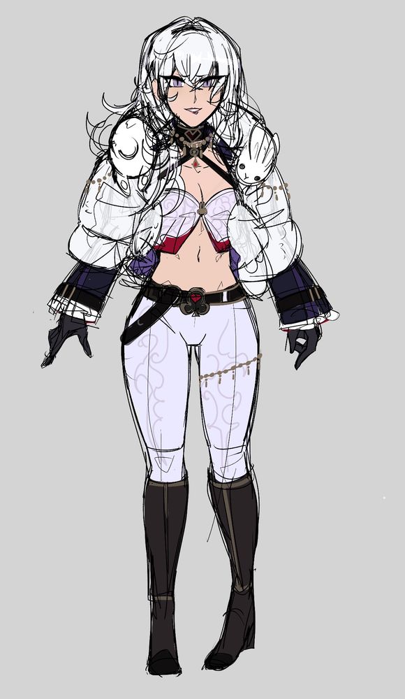 A sketch of my character Cosette May-Bernadotte, a posh young woman in a  cropped white fur overcoat with a rabbit shaped collar. Her bodice is missing, showing her midriff.