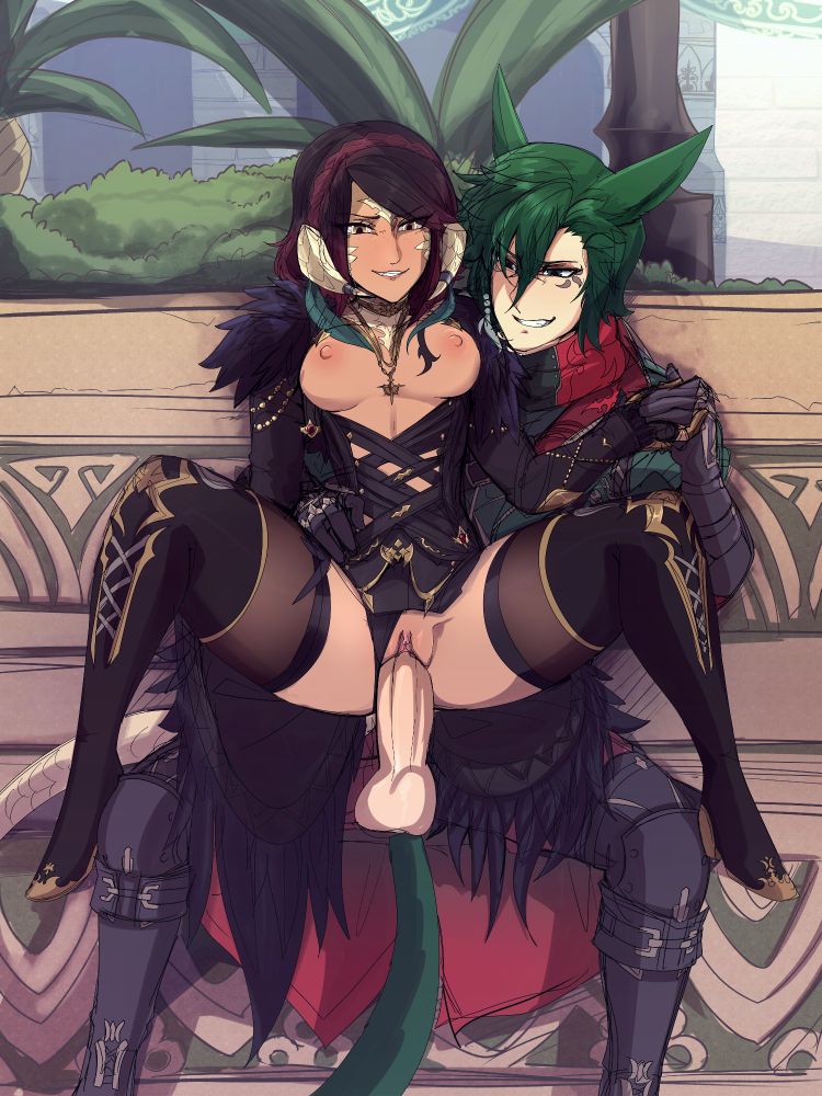 My WoL Jordan Ashiva, an Au Ra in a glamour set based on the Level 100 Reaper artifact gear, complete with leather straps down the chest and ornate gold decorations and large poofy feathers around the shoulders, riding Ventus Stormwind, a green-haired Miqo'te in gunbreaker armor.