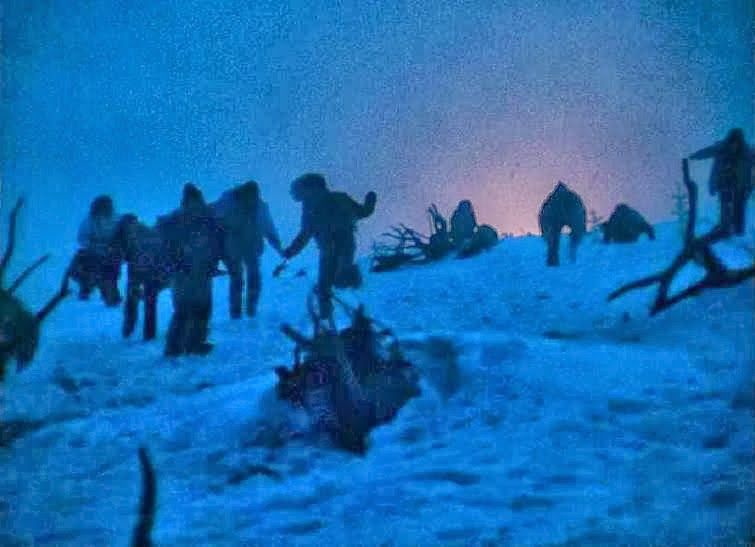 Several teens fleeing into snowy night to escape a distant fire.