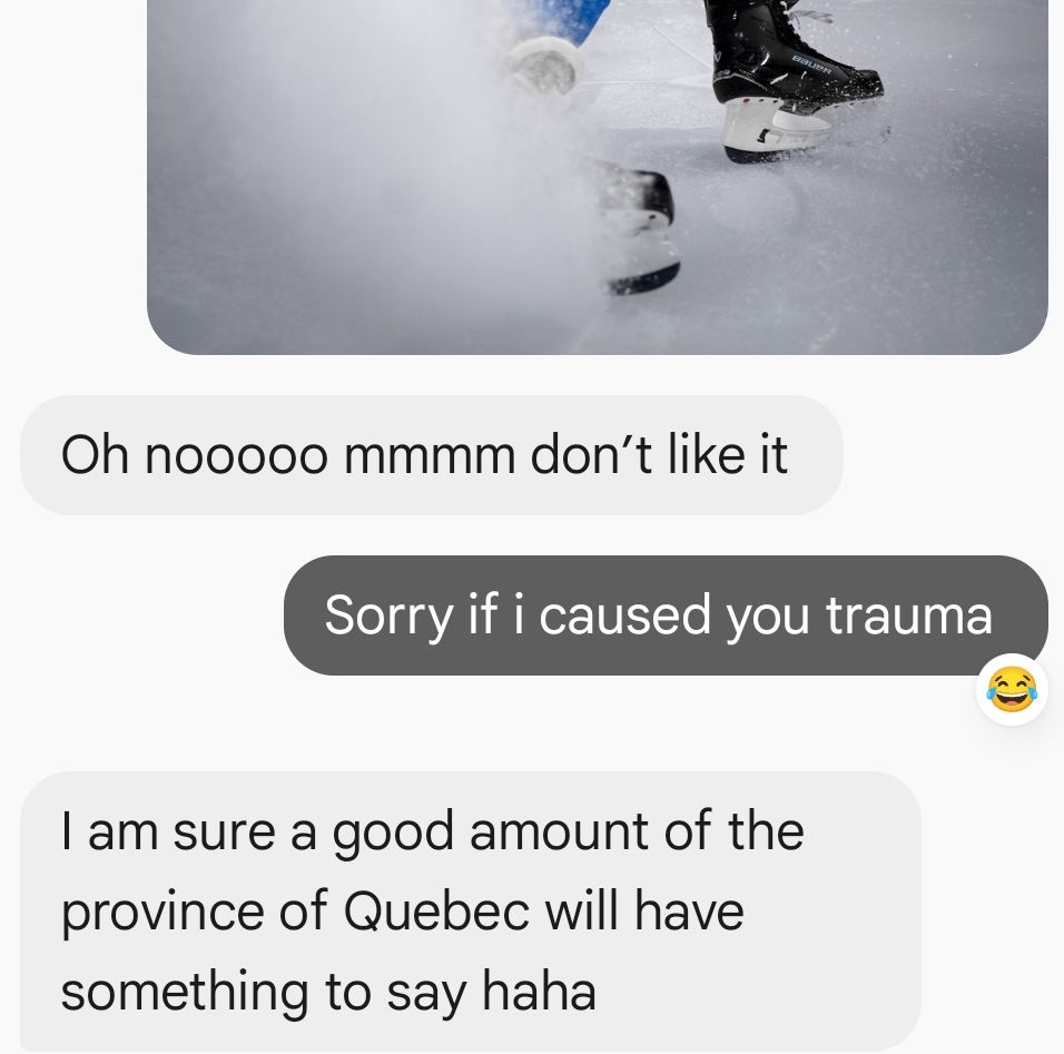 Text message with a picture of the Colorado Avalanche in a Quebec nordiques uniform. 