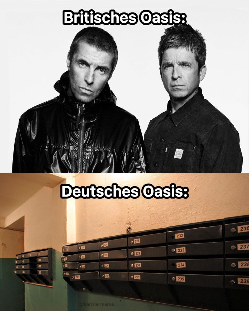 Oben ein Bild der Band Oasis mit dem Titel "Britischs Oasis", unten eine Menge Briefkästen mit dem Titel "Deutsches Oasis".