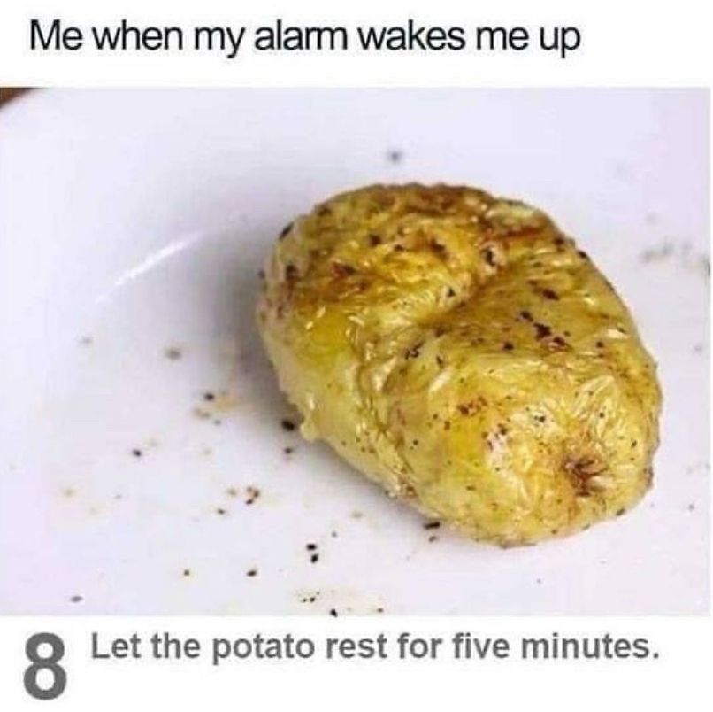 When my alarm wakes me up:
Image from a recipe of a potato with the words “let the potato rest for five minutes”