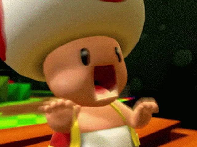 a cartoon toad with his mouth wide open and a red and white hat