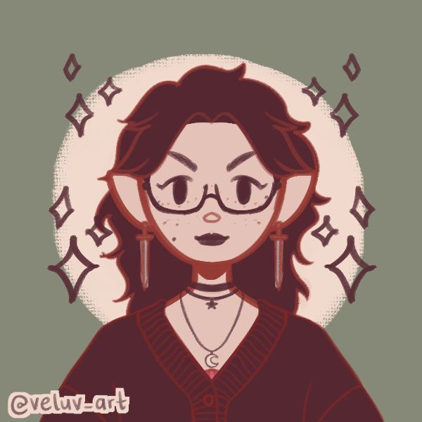 Cartoon elf with fair skin and a shaggy haircut. With sword earrings and a moon and star necklace. There is a green background with a light circle 