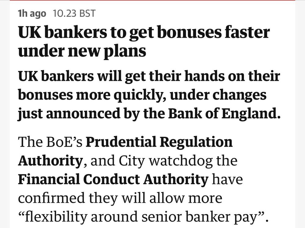 Guardian headline- UK bankers will get their hands on their bonuses more quickly. 