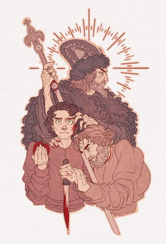 Fan art of Sergei Eisenstein’s Ivan the Terrible (1944). Ivan stands facing the right over his two bodyguards, father and son, Alexei Basmanov and Fyodor Basmanov. Fyodor faces forward, a look of intense fear on his face, almost petrified in place. He bleeds from his left ear. In his right hand he holds an Apple, representative of sin. In his left, a blood-doused dagger. On Fyodor’s left hangs his father, Alexei, the life fading from his eyes as he bleeds from his neck. His left hand holds onto Fyodor’s left, holding the dagger. His right hand is around his Fyodor’s shoulder, still bloodied from hitting his son.
