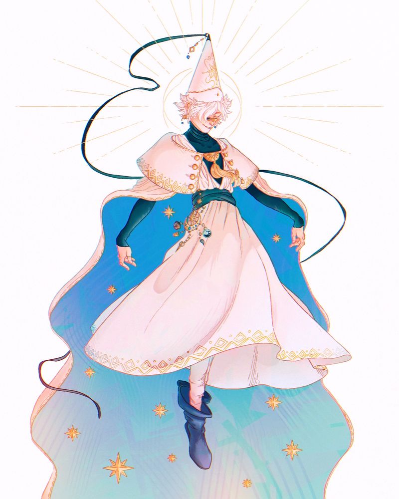 Qifrey from Witch Hat Atelier hovers in mid air with a lovely blue cape fit with golden stars flowing behind him. A gilded halo adorns his head. His clothes are seen with extra golden threading and he has a chatelaine attached at his hip. He smiles calmly. 