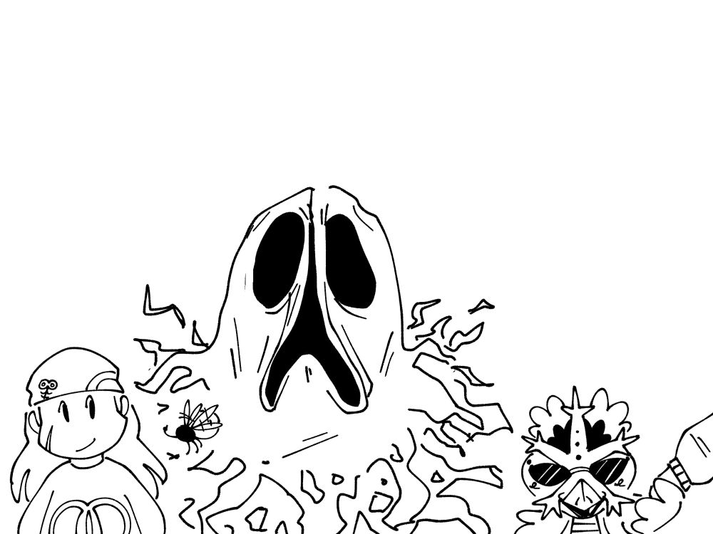 Mitts, Pryda, the creature, and a Snowdrake stand together