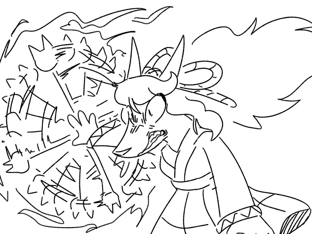 Ceroba with a furious expression spinning her staff