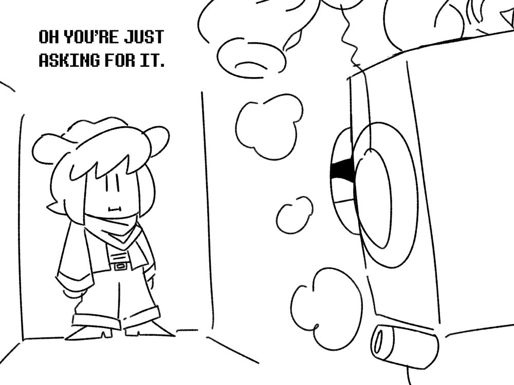 Clover stands at the end of the hall

Axis squinting: “OH YOU’RE JUST ASKING FOR IT.”