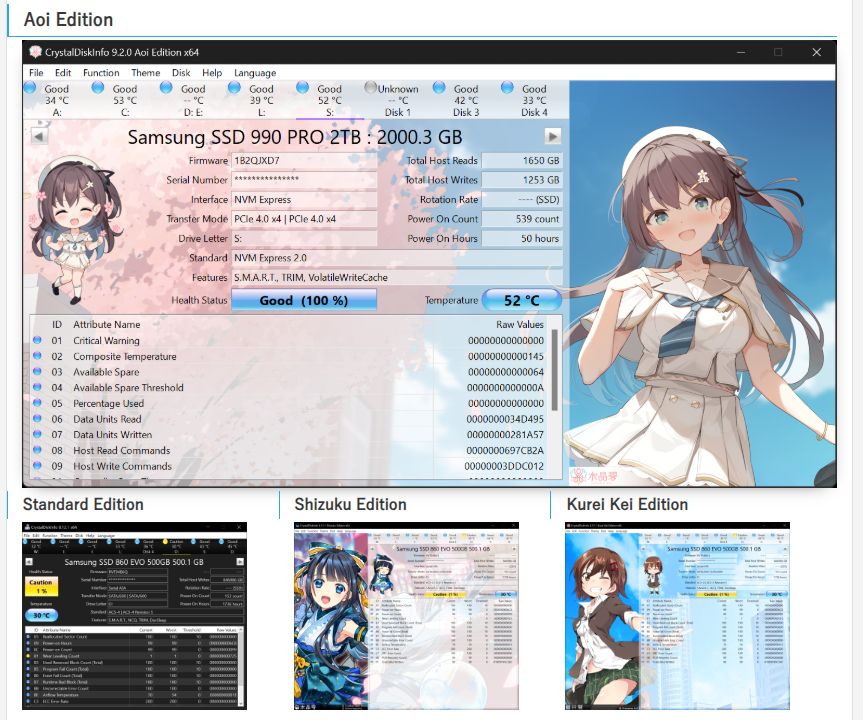 Screenshots of four different editions of CrystalDiskInfo. Three of them have Japanese anime characters featured prominently in the UI for absolutely no reason other than the author thinks they look nice.