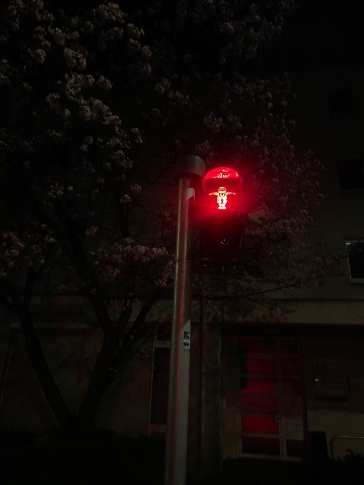 Red pedestrian light with a figure of Karl Marx. 