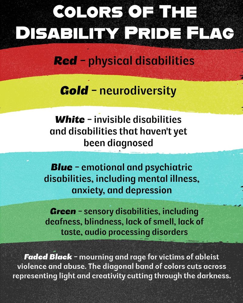 A description of the five colors of the disability flag and the faded black background.

red: physical disabilities
gold: neurodiversity
white: invisible disabilities and disabilities that haven't yet been diagnosed
blue: emotional and psychiatric disabilities, including mental illness, anxiety, and depression
green: sensory disabilities, including deafness, blindness, lack of smell, lack of tase, audio processing disorders
faded black: mourning and rage for victims of ableist violence and abuse. The diagonal band of colors cuts across representing light and creativity through the darkness.