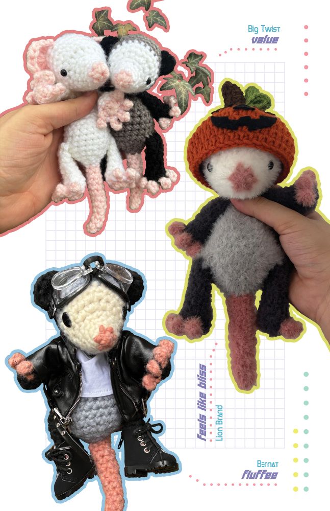 examples of finished crochet opossums made with different yarns. one was made to look like a white mouse, one wears a jack-o-lantern hat, one wears a leather jacket, goggles, and boots.