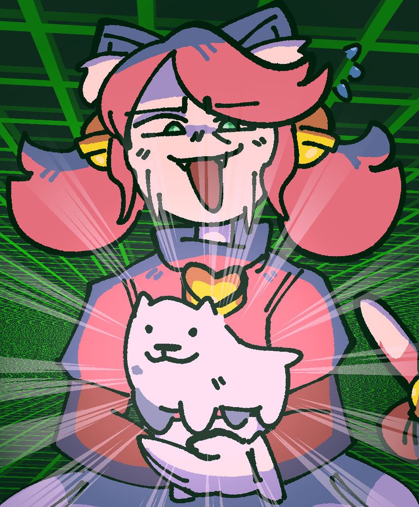 A digital illustration of Mad Mew Mew from Undertale holding the Annoying Dog from the same game. The Annoying Dog is emitting beams of light, and Mad Mew Mew looks uneasy holding it.