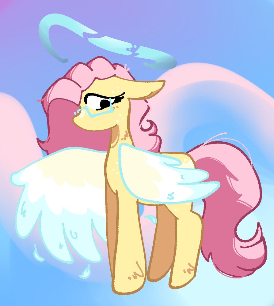 A digital illustration of captainzigo's fluttershy kinsona. She resembles fluttershy, except with light blue glasses and a halo, accompanied by angelic, pale wings. White freckles dot her coat. The background is a sky bue with a pink accent running through it. 