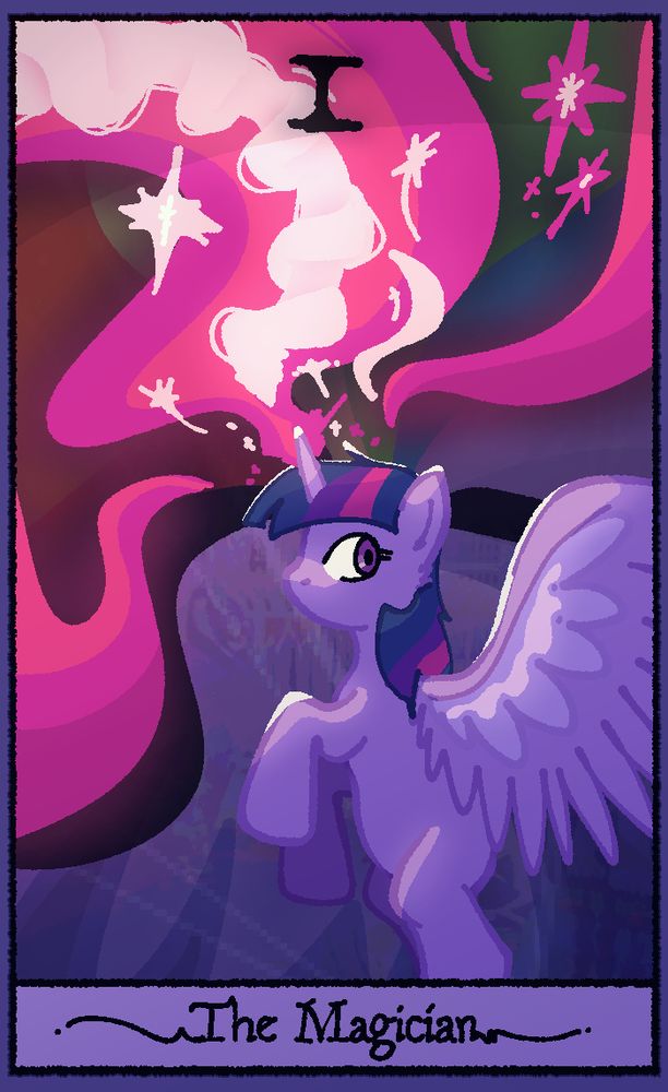 A digital illustration of twilight sparkle, as an alicorn, styled as the "Magician" tarot card. Her wings are spread out, as magic flows from her horn. White and pink spirals and stars dot the top of the card, with a dull rainbow serving as a backdrop to her magic. This magic surge serves as the only light, as she looks to the side.