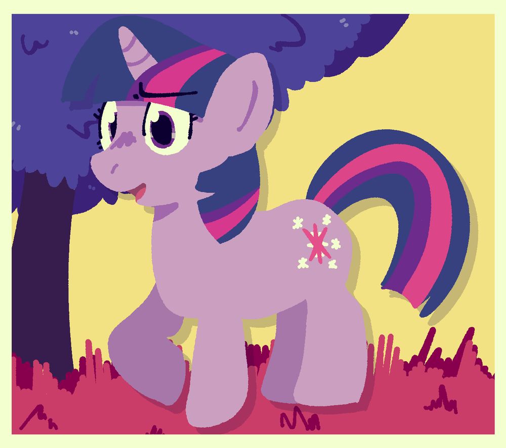 a lineless illustration of twilight sparkle from my little pony. she stands on red grass, with a yellow sky and a blue tree in the background.