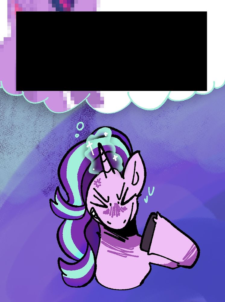 A digital illustration of starlight glimmer. Her face is strained, and her horn glows with magic. Her hoof is up to her neck, mimicking tugging on a shirt collar. A thought bubble appears over her head, outlined with the color of her magic. It shows a pixelated stock image of twilight sparkle with a large black censor bar obscuring most of the bottom-half of her body, and beyond.