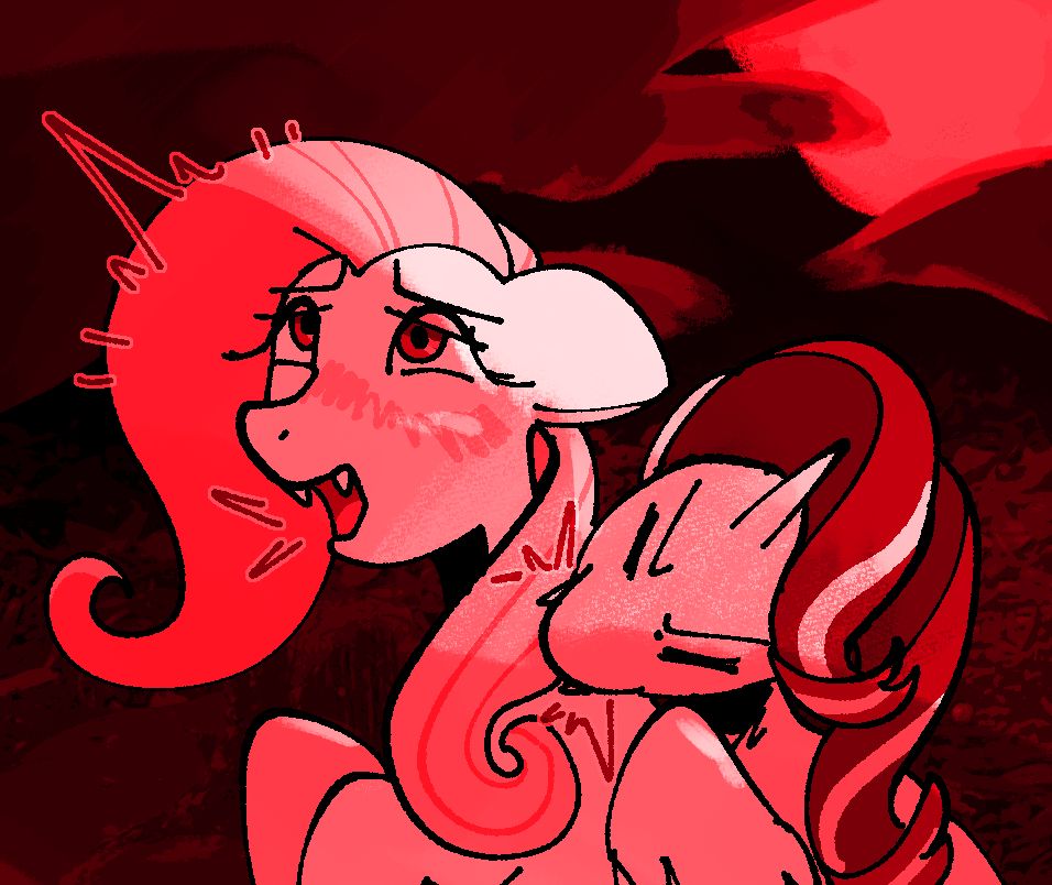 A digital illustration of fluttershy and starlight glimmer. Starlight is biting into fluttershy's neck with fangs, and fluttershy screams, blushing. The lighting is a harsh red. 