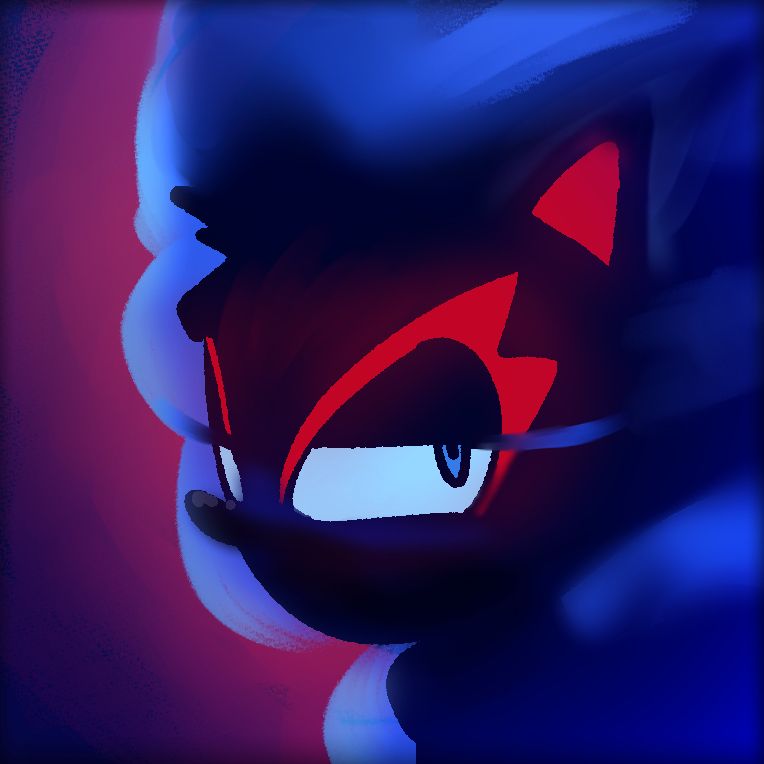 A Safe for Work digital drawing of blaze's prototype design, all black with blue fire enshrouding her, from the chest up. The red accents around her eyes and on the inside of her ears glow.