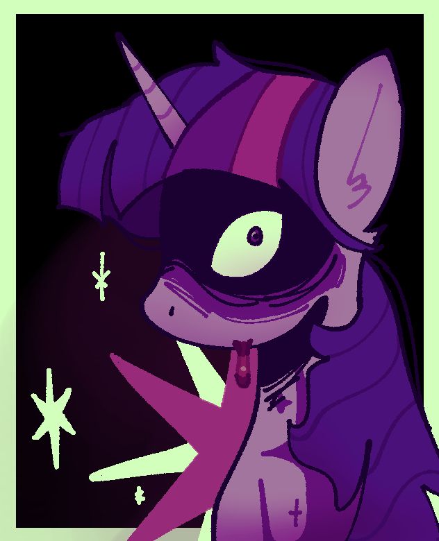 A digital illustration of twilight sparkle. Her hair is messy, and her face is obscured in darkness, only her eye and snout being clearly visible. A drop of blood (jam) drips down her chin. She is staring directly at the viewer.