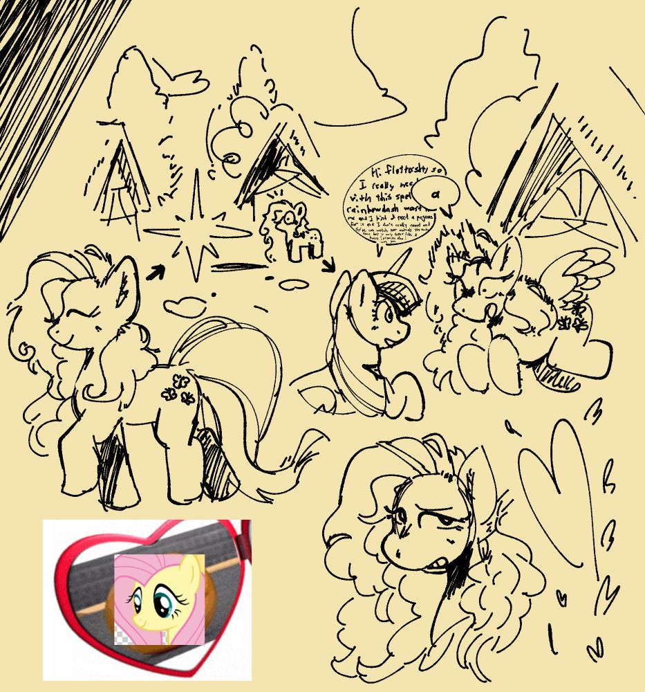 a page full of sketches of fluttershy. In one sequence, she is walking through ponyville. she's stopped by twilight, who teleports in, saying "Hi fluttershy so I really need ... with this spel ... rainbowdash won't" and the rest of the text is mostly illegible. Fluttershy jumps and says "a," shocked by twilight but not loud enough to scream. In the bottom right is a drawing of her looking concerned. In the bottom left is an image of her face transposed over the annoying orange in a heart locket.