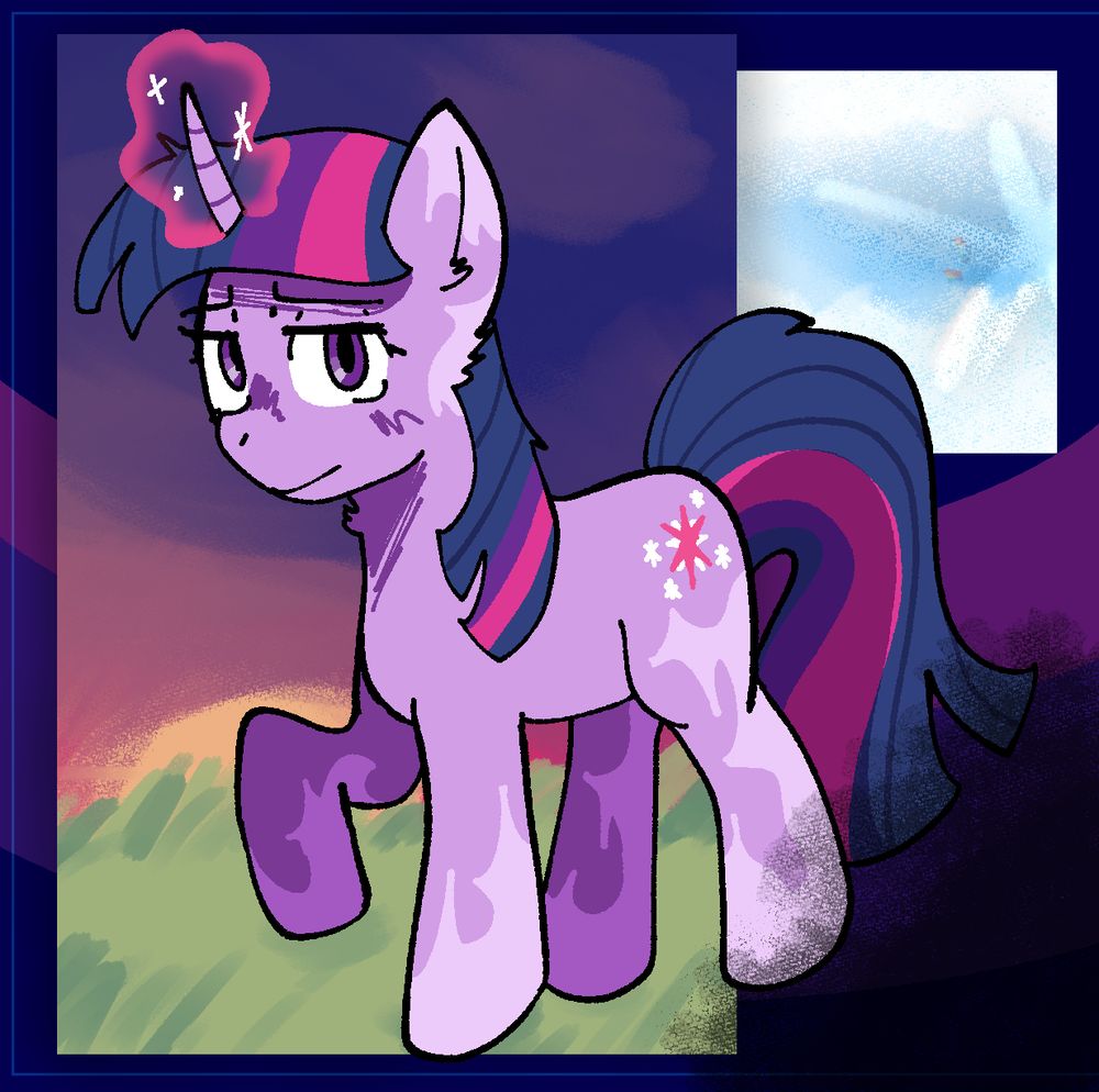 A digital illustration of twilight sparkle. She looks tired, with her eyes focused at the viewer. Magic particles surround her horn. The background is a simple pattern resembling her mane, covered partially with images of the bright day sky (featuring a tiny rainbow dash) and a grassy field during sunset. The bottom right of the image is darkened to resemble a singed paper.