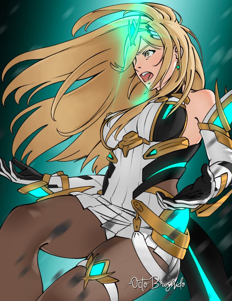 An illustration of Mythra from Xenoblade 2. She is floating inside a beam of blue-green light, knees bent and arms outstretched with her palms facing upward. A gust of wind from behind is blowing her hair forward, framing her face. Both her tiara and core crystal are glowing intensely.