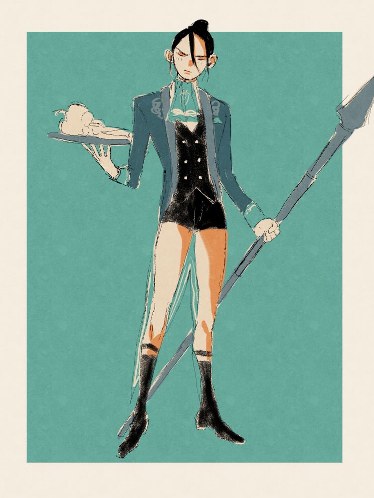 felix from fe3h in his butler alt but hes wearing very short pants instead of his regular ones.