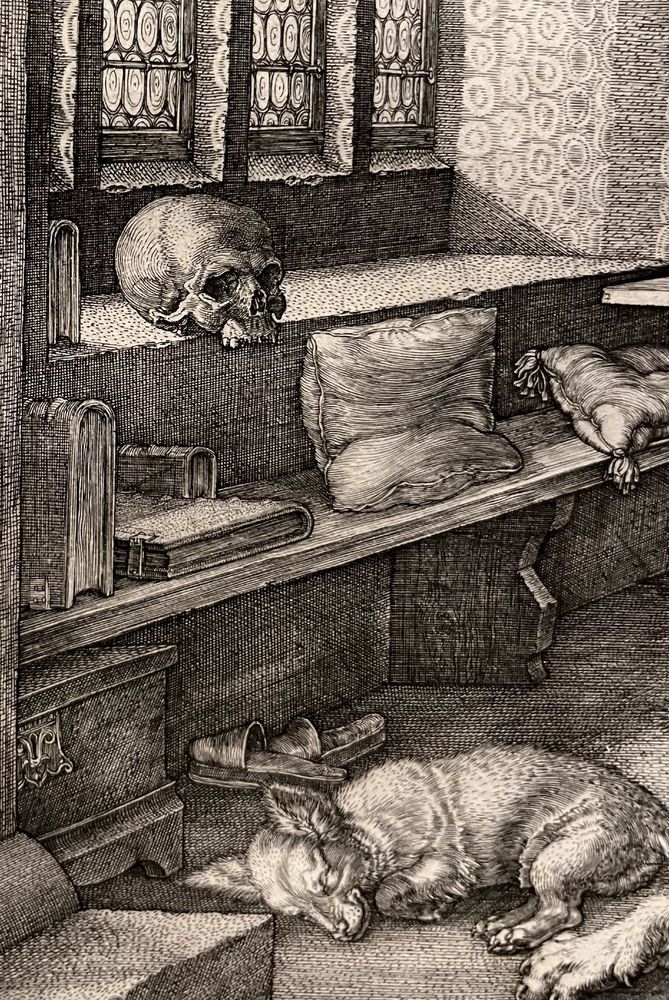Closeup from a black and white etching (maybe Dürer?) of a window shelf with a skull sitting on top of it and dog sleeping below.