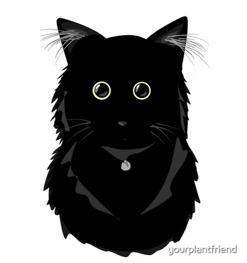 Digital portrait of a black cat with gray hairs coming out of his ears, staring forward with huge green eyes.
