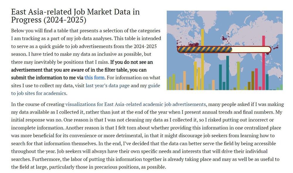 A screencap of the introductory text for the webpage "East Asia-related Job market Data in Progress (2024-2025)," which showcases job data information in East Asian Studies.