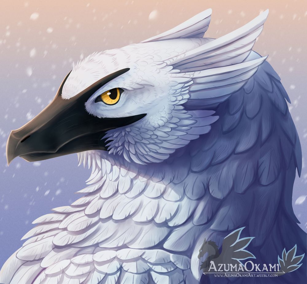 A headshot of a white fisher bird called Blorb looking back at the camera as snow falls in the background.