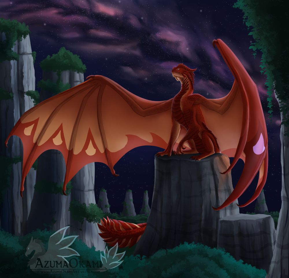 A orange dragon named Amayensis stands atop of a rock pillar among other pillars of rocks covered in vegetation with the forest below. Amayensis looks up at the star covered sky and sees the milky way stretching across the sky.