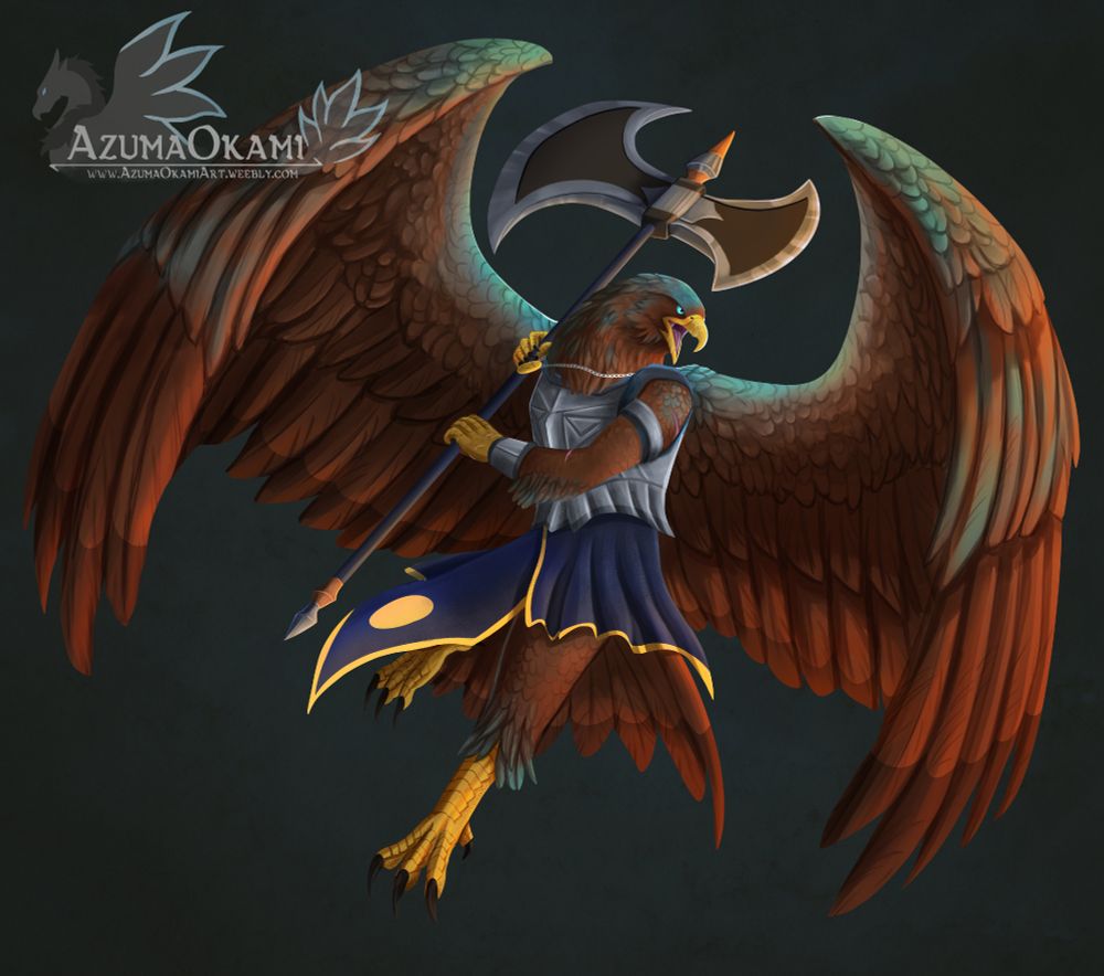 A humanoid eagle called an Aarakocra from Dungeons and Dragons that is brown and bronze in color with specks of blue swinging a large axe while in silver plate armor that has a face vaguely shaped like a eagle's face.