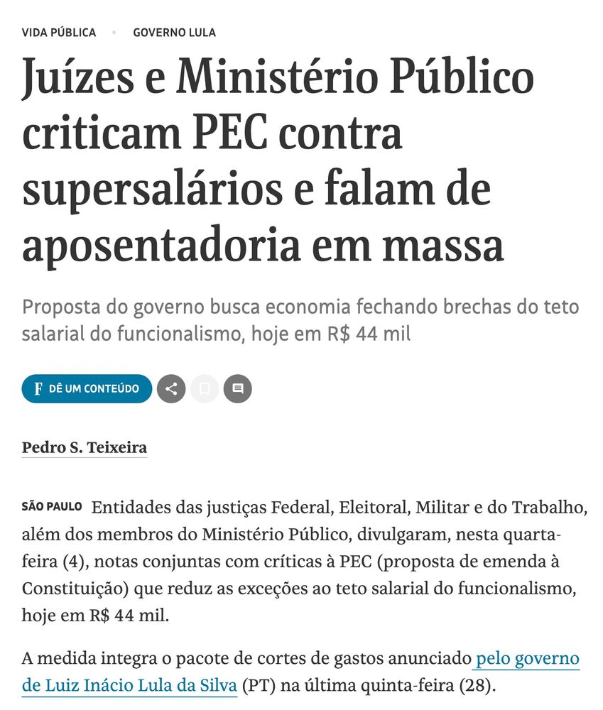 Manchete: Juízes e Ministério Público criticam PEC contra supersalários e falam de aposentadoria em massa