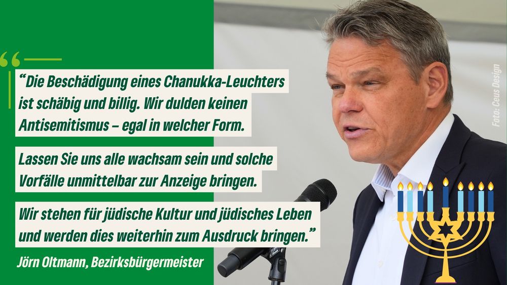 Wir verurteilen die Beschädigung des #Chanukka-Leuchters vor der Urania. Wir sind entsetzt über diese und ähnliche Taten sowie über jede Form antisemitischer Anfeindungen und stellen uns diesen entschieden entgegen. SharePic zeigt ein Foto von Jörn Oltmann neben einem Chanukka Leuchter.
