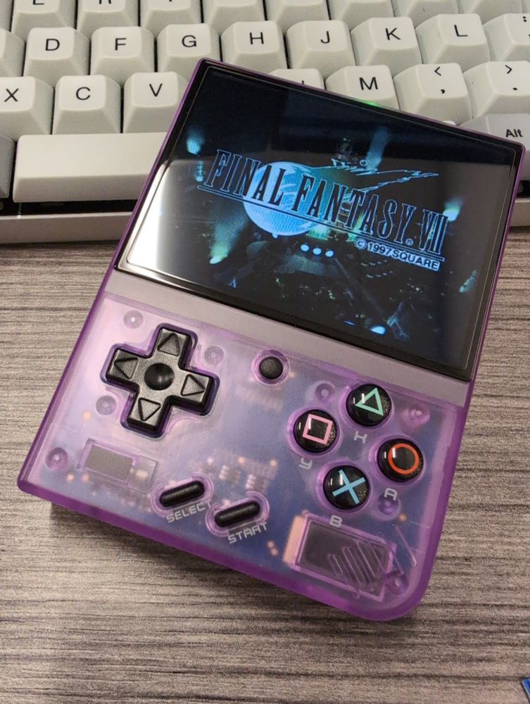 A purple Miyoo Mini Plus with Sakura Retro PlayStation glyph buttons playing Final Fantasy VII