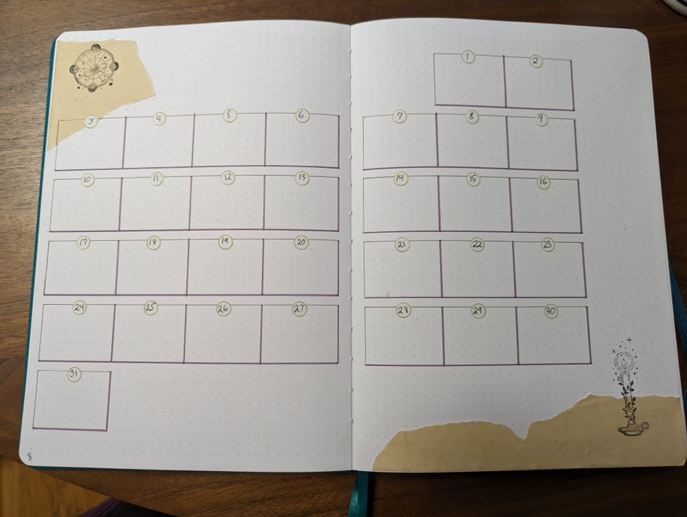 Calendar spread. More tea-stained paper, with space and candle stamps 