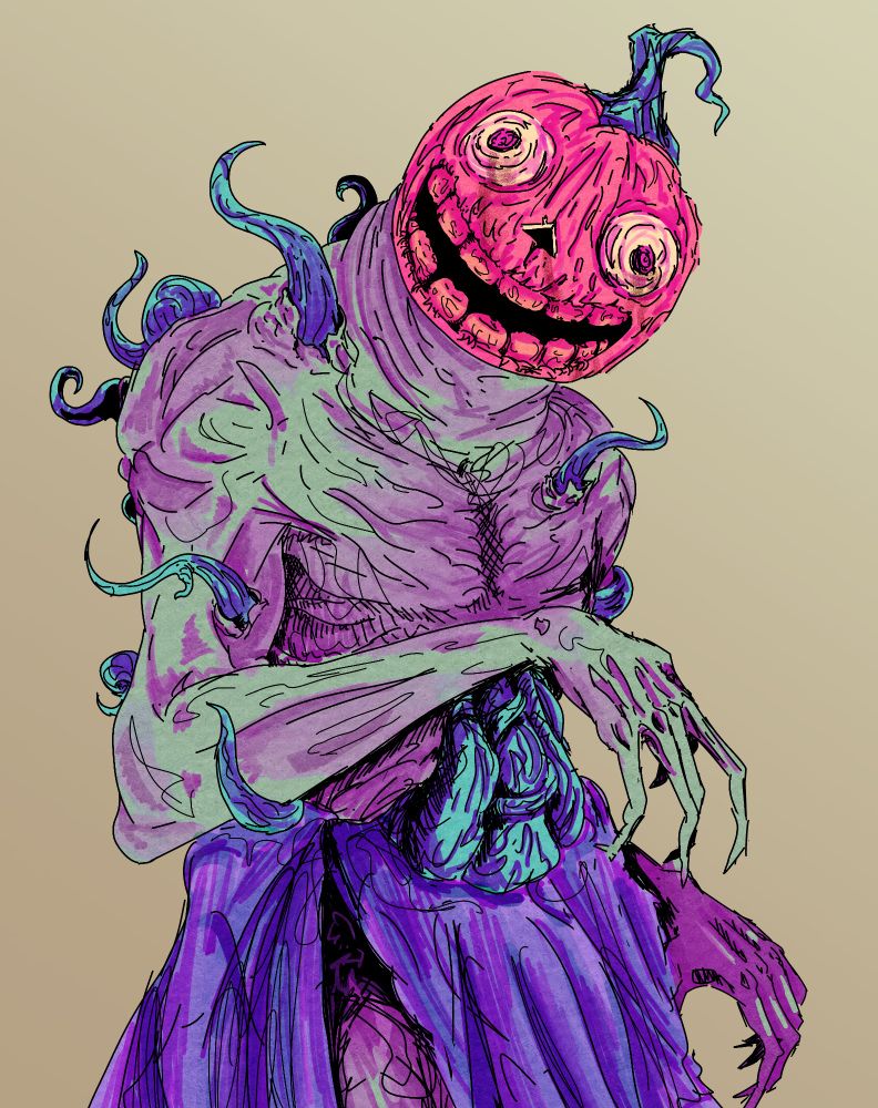 A Zombified man with a pumpkin grown around his head, several vines burst from his body