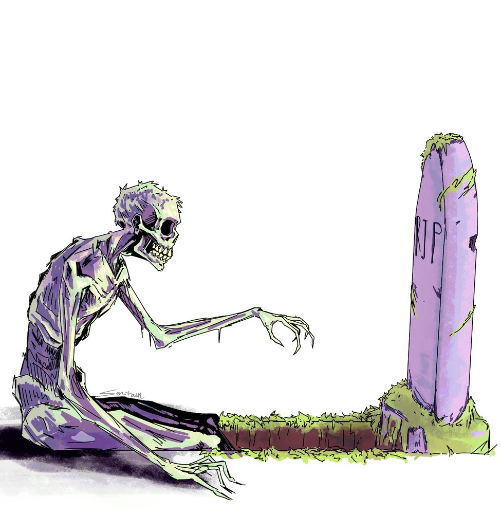A zombie sitting knee deep in his own grave, reaching out