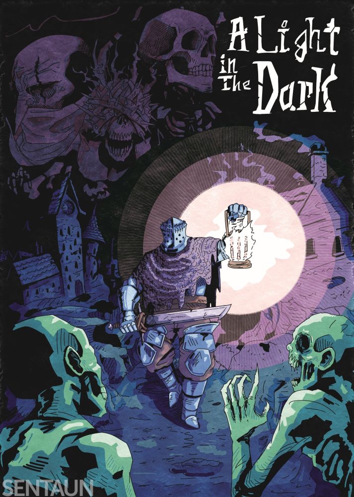 A knight raising his lantern into the air. 2 zombies block the path ahead.

The faces of three evil figures emerge in the sky.

The words "A Light In The Dark" appears in the top right